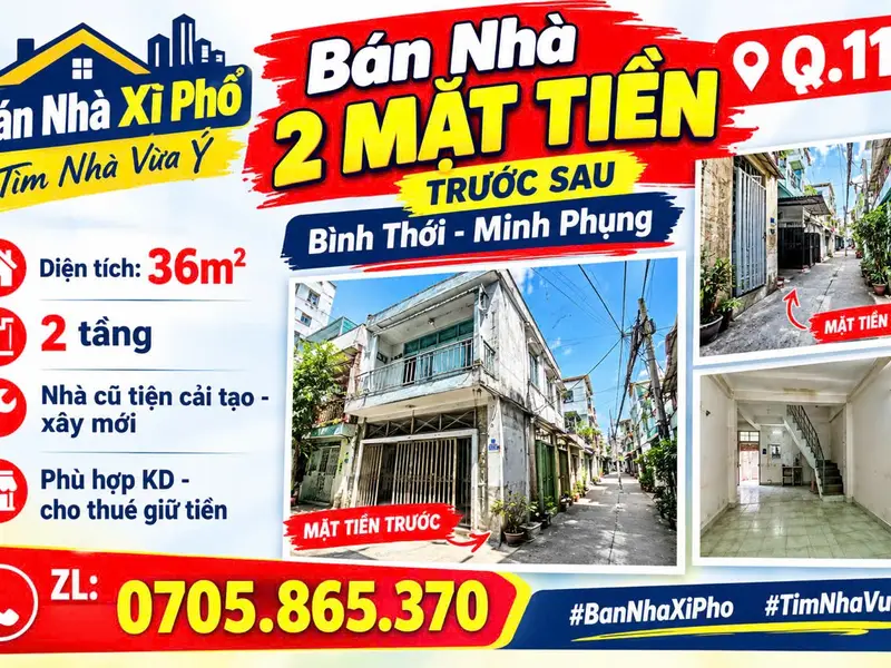 Bán Nhà 2 Mặt Tiền trước sau Q.11 - Bình Thới - Minh Phụng - 36m2 - 2 tầng - nhà cũ tiện cải tạo -... Bán nhà mặt phố tại Bình Thới, Hồ Chí Minh 01