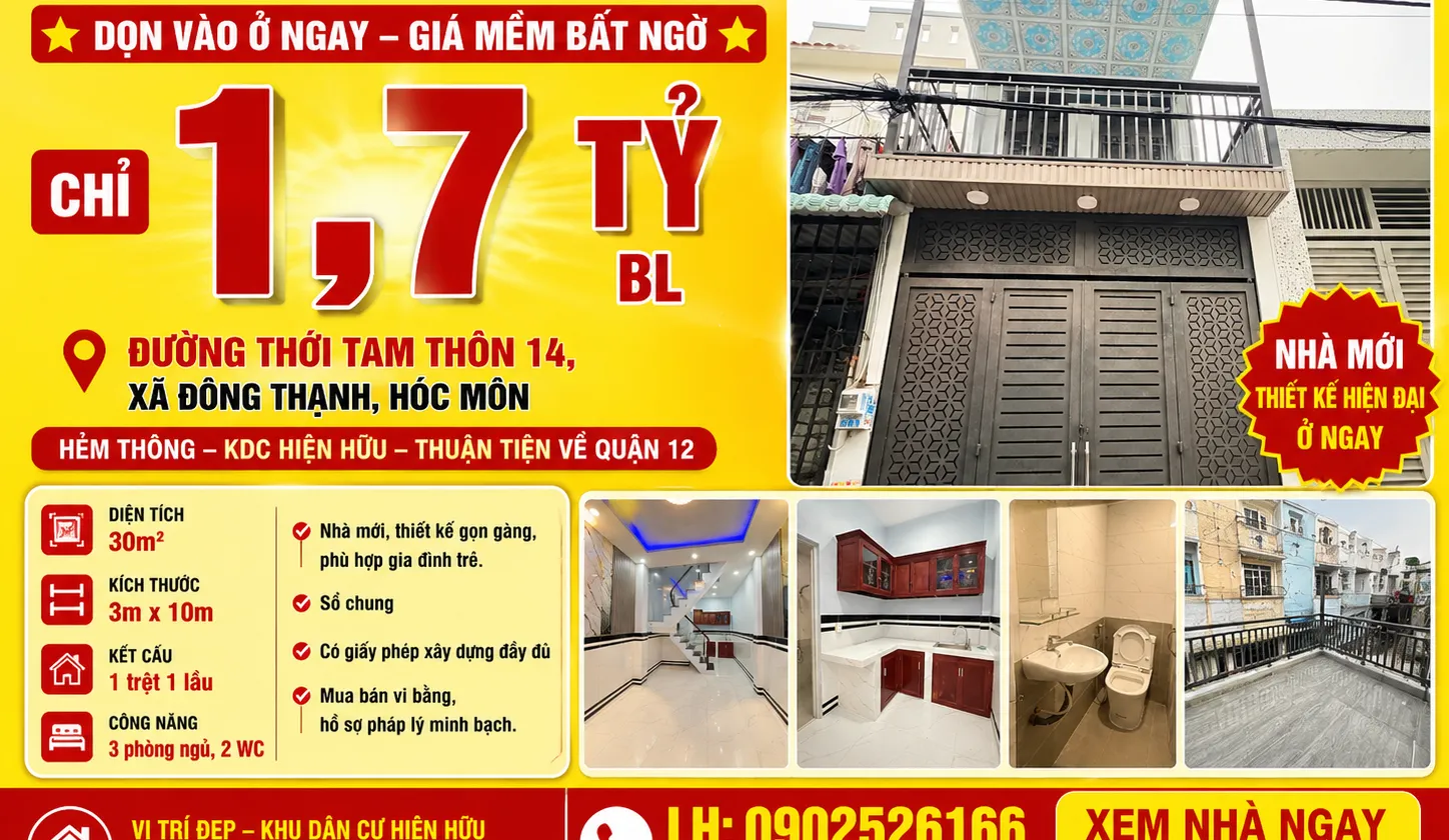 🏡 ĐÔNG THẠNH – NHÀ MỚI CHỈ 1,7 TỶ BL... Bán nhà riêng tại Đông Thạnh, Hồ Chí Minh 01