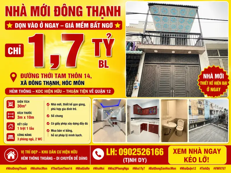 🏡 ĐÔNG THẠNH – NHÀ MỚI CHỈ 1,7 TỶ BL... Bán nhà riêng tại Đông Thạnh, Hồ Chí Minh 01