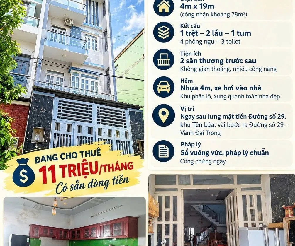 🔥 BÁN NHÀ HẺM XE HƠI KHU TÊN LỬA – 4 TẦNG MỚI ĐẸP – 78M2 – ĐANG CHO THUÊ 11TR/THÁNG – GIÁ CHỈ 7,45... Bán owner_side tại An Lạc, Hồ Chí Minh 01