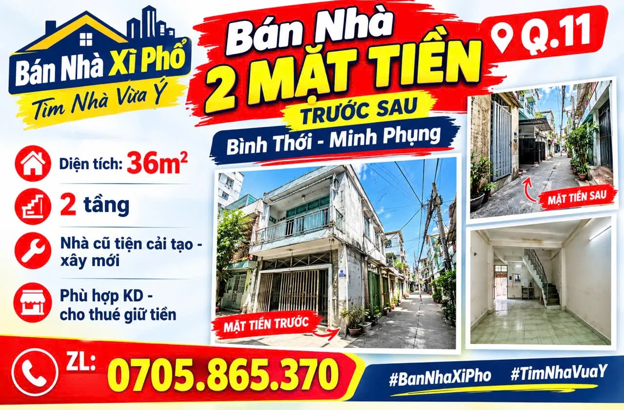 Bán Nhà 2 Mặt Tiền trước sau Q.11 - Bình Thới - Minh Phụng - 36m2 - 2 tầng - nhà cũ tiện cải tạo -... Bán nhà mặt phố tại Bình Thới, Hồ Chí Minh 01