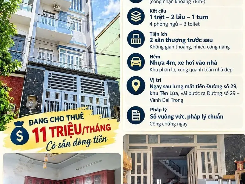 🔥 BÁN NHÀ HẺM XE HƠI KHU TÊN LỬA – 4 TẦNG MỚI ĐẸP – 78M2 – ĐANG CHO THUÊ 11TR/THÁNG – GIÁ CHỈ 7,45... Bán owner_side tại An Lạc, Hồ Chí Minh 01
