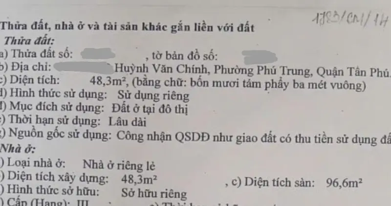Bán nhà Huỳnh Văn Chính – 4,6 tỷ, ngang 4,2m, hẻm thông... Bán nhà riêng tại Tân Phú, Hồ Chí Minh 01