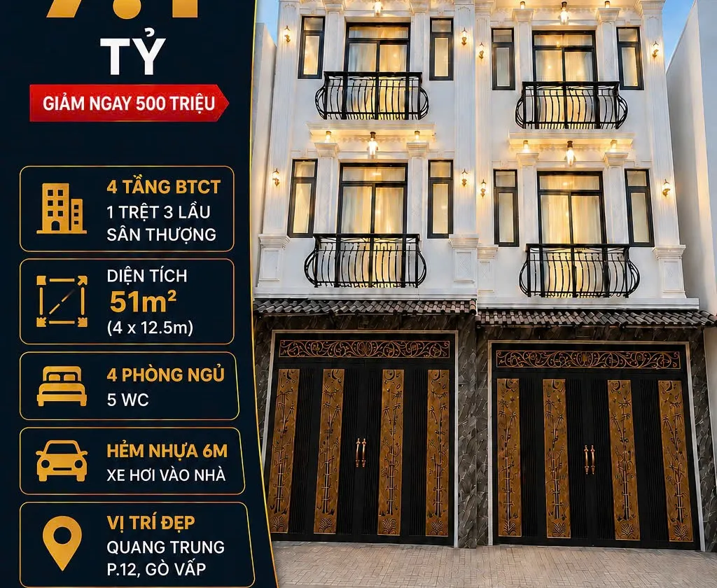 7.1 tỷ - 4 tầng, 51m² (4x12.5), 4PN - hẻm 6m xe hơi ngủ nhà Quang Trung, P12 Gò Vấp. Gần Phạm Văn B... Bán nhà riêng tại An Hội Tây, Hồ Chí Minh 01