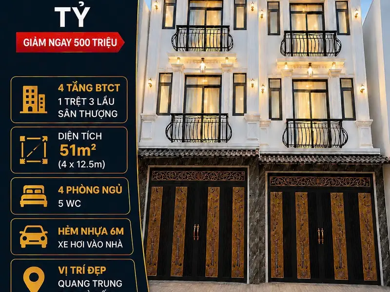 7.1 tỷ - 4 tầng, 51m² (4x12.5), 4PN - hẻm 6m xe hơi ngủ nhà Quang Trung, P12 Gò Vấp. Gần Phạm Văn B... Bán nhà riêng tại An Hội Tây, Hồ Chí Minh 01