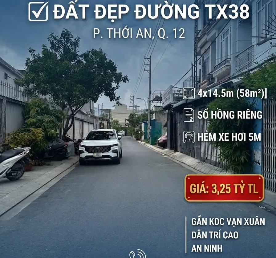 ĐẤT ĐẸP ĐƯỜNG TX38 QUẬN 12 - 58M² - GIÁ NHỈNH 3 TỶ... Bán đất tại Thới An, Hồ Chí Minh 01